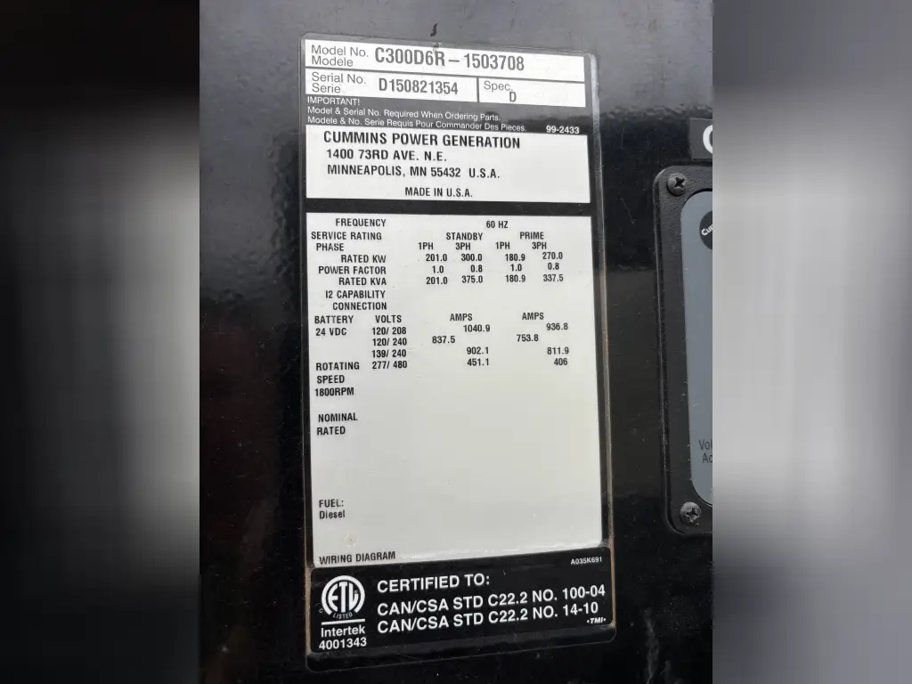 CUMMINS generator for sale in Mansoura, CUMMINS C300D6Rs, 2015 model, located in Mansoura. The best site for selling trucks and heavy equipment in Egypt.